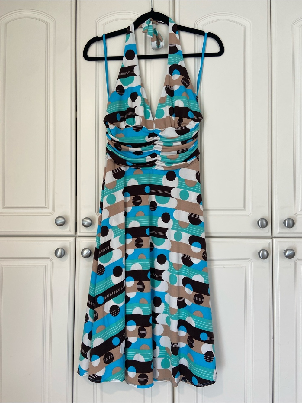 Max and Cleo Retro Halter Midi Dress in Teal, Tan & Black Geometric Print